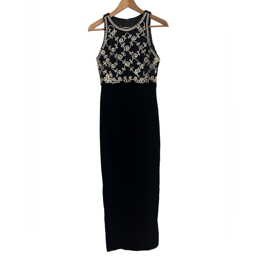 VTG SCOTT McCLINTOCK Black Velvet Maxi Gown Dress Embroidered Size 8 Made in USA